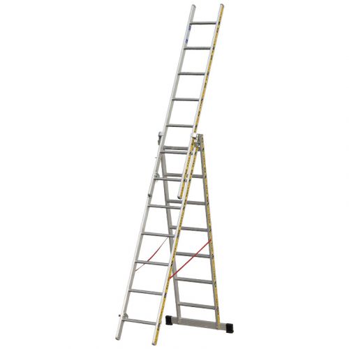 Euro-Light Viacúčelový rebrík 3-dielny mod. 207 - Počet priečok: 3 x 7, Dĺžka stojacieho rebríka: 2,10 m, Dĺžka rebríka stojacieho s nadstavcom: 3,50 m, Dĺžka trojdielneho
oporného rebríka: 4,65 m