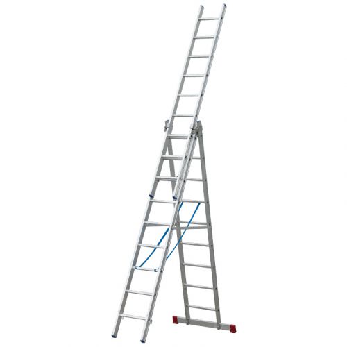 Goldpunkt Viacúčelový rebrík Mod. 300 - Počet priečok: 3 x 9, Dĺžka stojacieho rebríka: 2,70 m, Dĺžka stojacieho rebríka s nadstavcom: 4,40 m, Dĺžka oporného 3-dielneho rebríka.: 6,35 m
