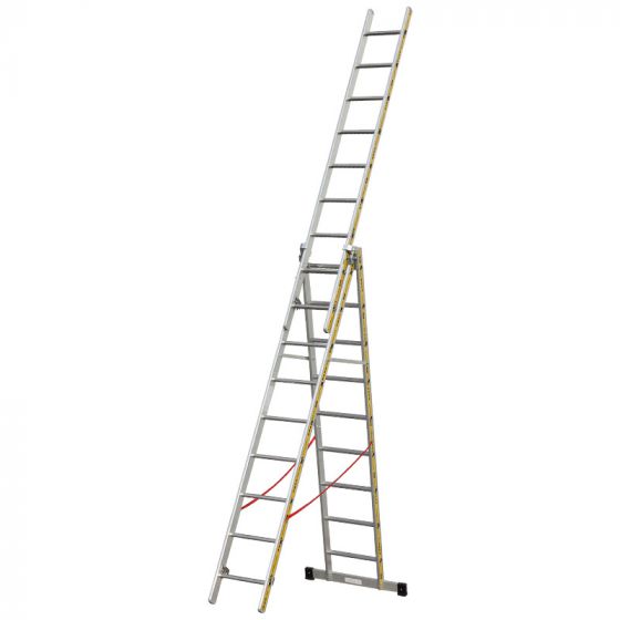 Euro-Light Viacúčelový rebrík 3-dielny mod. 207 - Počet priečok: 3 x 9, Dĺžka stojacieho rebríka: 2,65 m, Dĺžka rebríka stojacieho s nadstavcom: 4,40 m, Dĺžka trojdielneho
oporného rebríka: 6,35 m