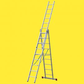 Hliníkový, viacúčelový rebrík 2. možnosť - priečky: 3 x 9, Dĺžka ako stojatý rebrík (m): 2,56, Dĺžka ako stojatý rebrík s plochou na státie (m): 3,73, Dĺžka ako trojdielny príložný rebrík ca. (m): 5,36, Max. pracovná výška (m): 6,26