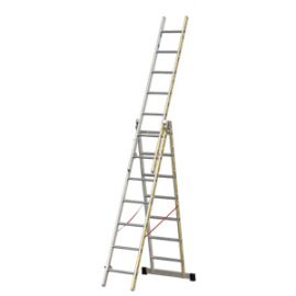 Euro-Light Viacúčelový rebrík 3-dielny mod. 207 - Počet priečok: 3 x 7, Dĺžka stojacieho rebríka: 2,10 m, Dĺžka rebríka stojacieho s nadstavcom: 3,50 m, Dĺžka trojdielneho
oporného rebríka: 4,65 m