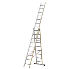 Euro-Light Viacúčelový rebrík 3-dielny mod. 207 - Počet priečok: 3 x 9, Dĺžka stojacieho rebríka: 2,65 m, Dĺžka rebríka stojacieho s nadstavcom: 4,40 m, Dĺžka trojdielneho
oporného rebríka: 6,35 m