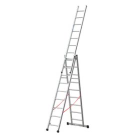Euro-Profi Viacúčelový rebrík 3-dielny Mod. S307 - Počet priečok: 3 x 9, Dĺžka stojacieho rebríka: 2,70 m, Dĺžka rebríka stojacieho s nadstavcom: 4,40 m, Dĺžka trojdielneho oporného rebríka: 8,35 m